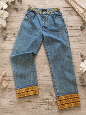 Vintage Team Tactics USA NWT High Rise Button Fly Jeans Boho Trim Size 10
